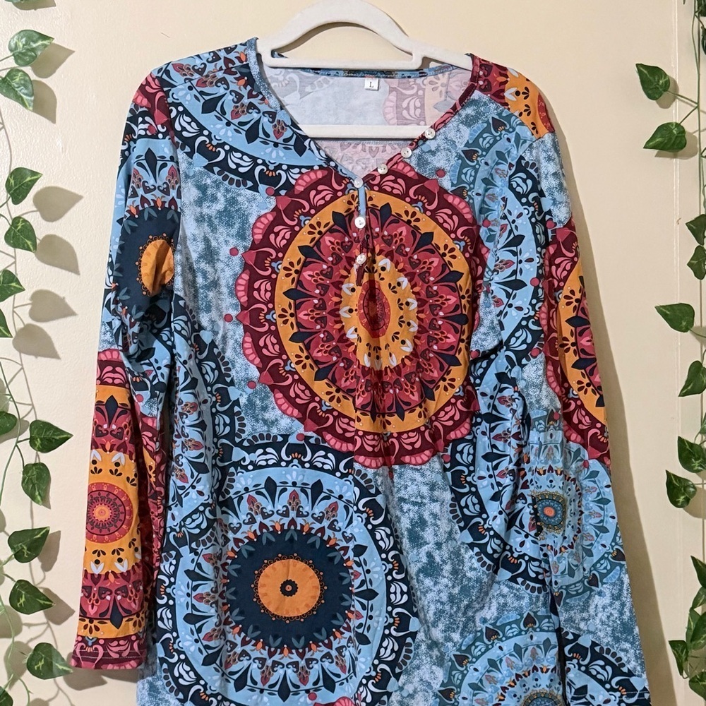 Women's Light Blue Mandala Print Tunic Top - Picture 2 of 6